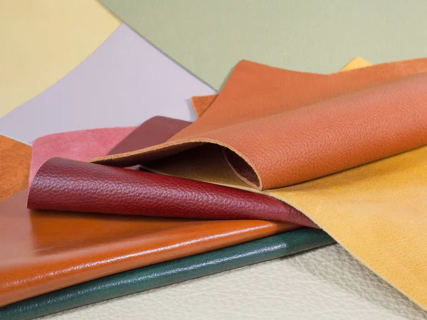 Verschiedene Farben Natürliches Leder Texturen Proben Nahaufnahme — Stockfoto