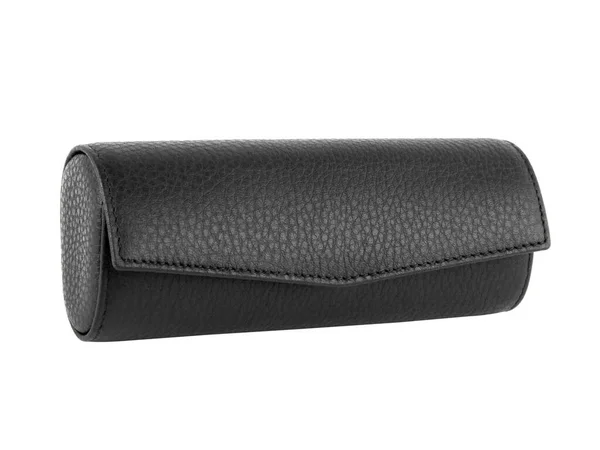 Closed black leather eyeglasses case. Without shadows. Isolated on white background