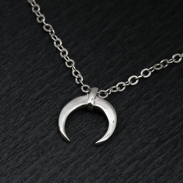 Silver Crescent Moon Pendant Chain Black Textured Background — Stock Photo, Image