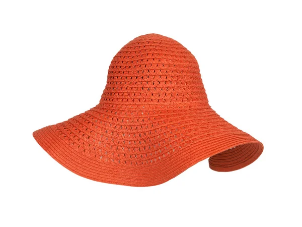 Female Summer Orange Braided Hat Protection Sun Isolated White Background — Stock Photo, Image