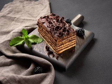 Üzerinde böğürtlen ve nane şekeri olan bir parça çikolatalı pasta.                               