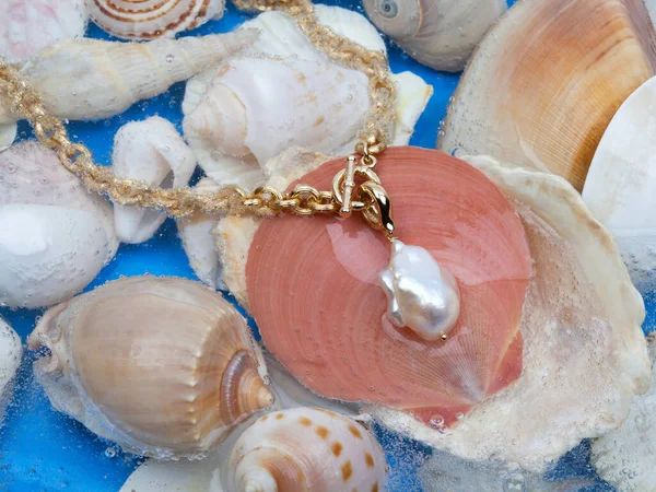 Золотое Ожерелье Белым Барочным Кулоном Фоне Морской Ракушки Крупный План — стоковое фото
