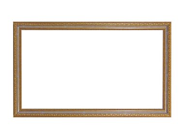 Altın işlemeli tablolar için eski boş kahverengi ahşap çerçeve. Beyaz arkaplanda izole