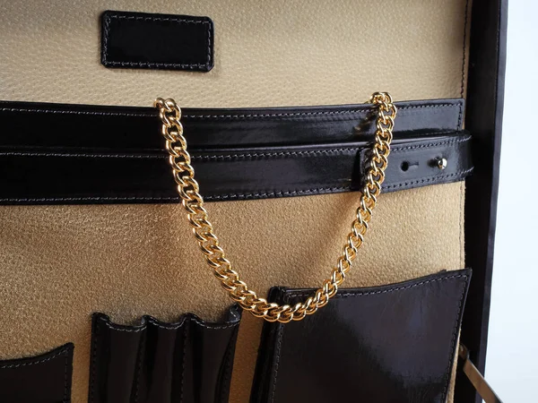 Golden Chain Necklace Open Male Black Leather Briefcase Close Shot — Stock Photo, Image