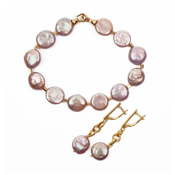 Bracelet Perles Baroque Violet Avec Boucles Oreilles Sur Fond Blanc — Photo