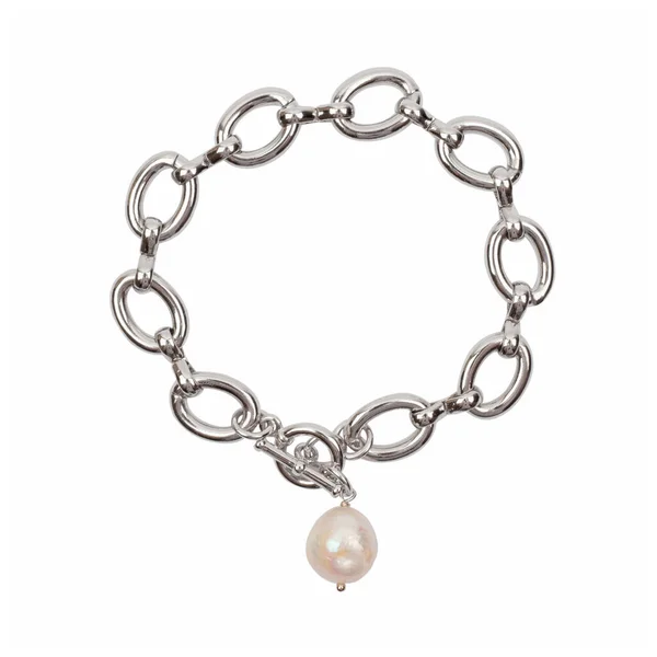 Women Wrist Bracelet Steel Chain Baroque Pearl Pendant Isolated White — Stock Photo, Image