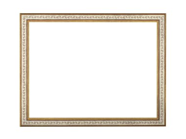 Altın işlemeli tablolar için eski boş kahverengi ahşap çerçeve. Beyaz arkaplanda izole