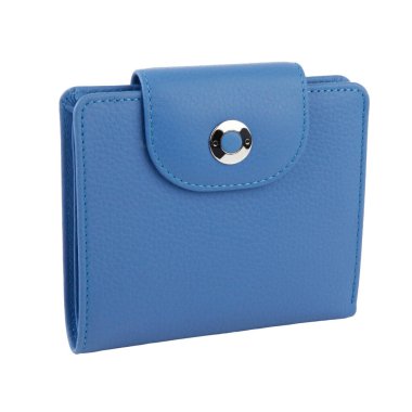 Hakiki sığır derisinden yapılmış yeni mavi cüzdan. Beyaz arka planda izole edilmiş. Yakın çekim. 