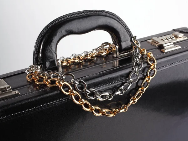 Two Women Chain Necklaces Male Black Leather Briefcase Close Shot — Stock Photo, Image