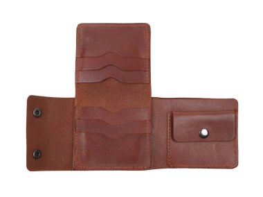 Yeni açık kahverengi sığır derisi cüzdan. Beyaz arka planda izole edilmiş. Yakın çekim. 