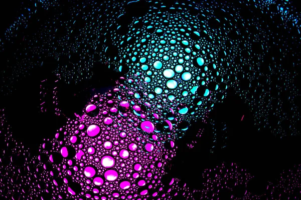 Purple Magenta Teal Cyan Droplets Illuminated Colored Bulb Dark Background — Stock Photo, Image