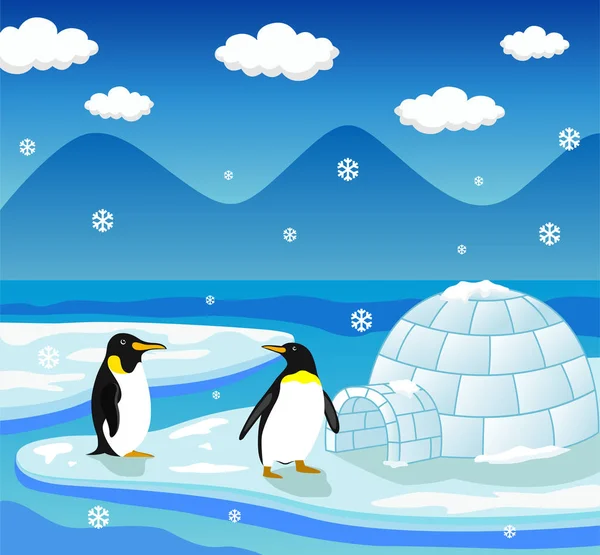 冬のペンギンハウスのイラスト ペンギンの家の横に幸せそうな可愛いペンギン2匹のイラスト 青い氷の上に生息するペンギンは — ストックベクタ