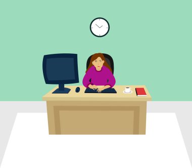 Ofis vektöründe çalışan bir kadın tasviri. Bilgisayar, kırmızı kitap ve kahve..