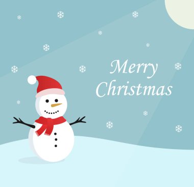 Kışın kardan adam tasviri. Mavi arkaplan vektörlü Noel selamları.