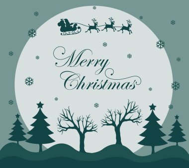 Mavi bir yılbaşı ağacının resmi. Noel arifesinde Noel Baba. Büyük beyaz ay. Kar taneleriyle Noel süslemesi. Mutlu noeller dilerim. Kaligrafi.
