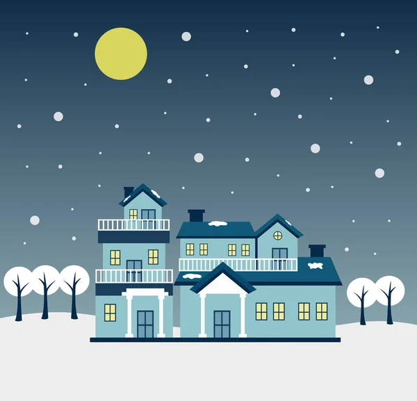 Ilustración Nieve Por Noche Con Vista Luna Llena Navidad Vector — Vector de stock