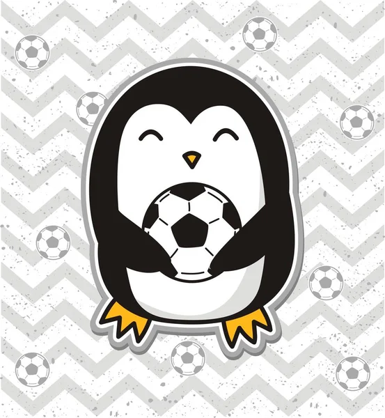可爱的企鹅踢足球 矢量插图 — 图库矢量图片