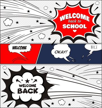  Metin okula hoş geldiniz. Renkli çizgi roman tarzında. vektör çizim.  
