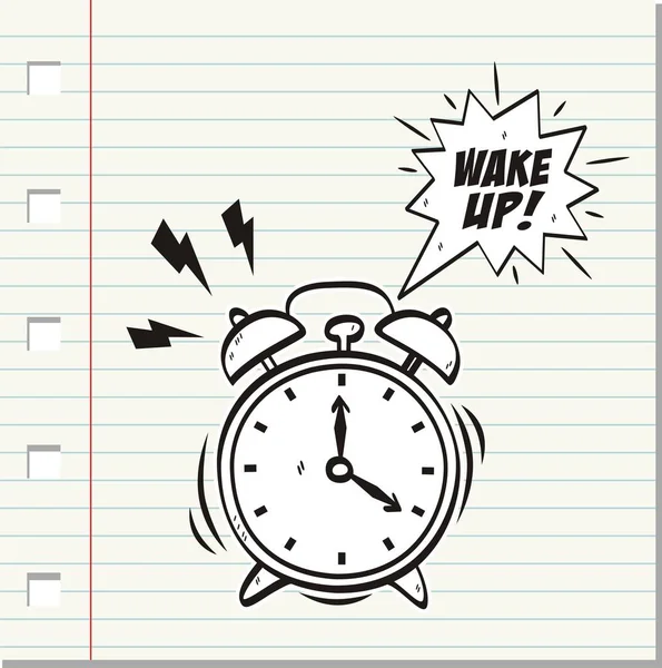 Word Wake Hand Drawn Alarm Clock Isolated Paper Background — Stock Vector