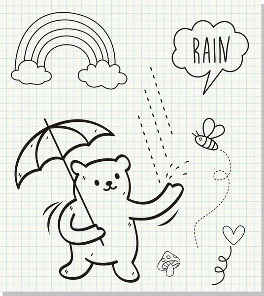 Mignon Ours Sous Pluie Sur Fond Papier Illustration Vectorielle — Image vectorielle