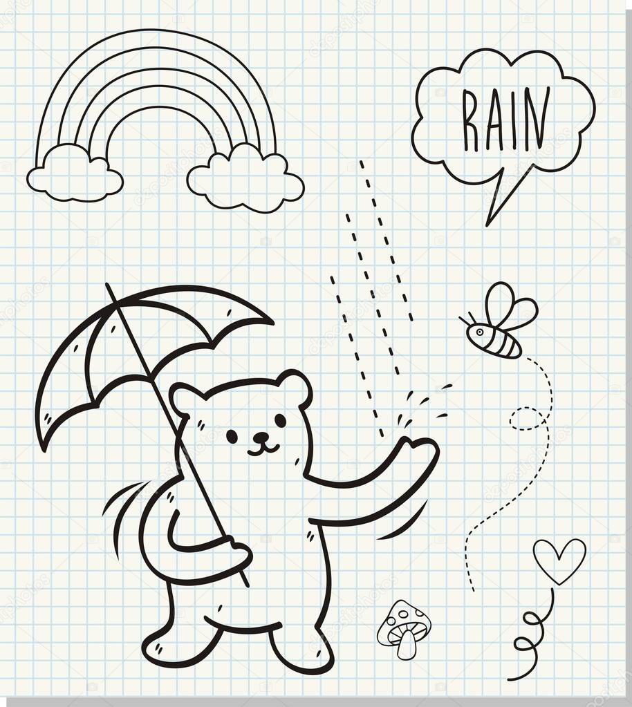 Cute bear in the rain on paper background.vector illustration