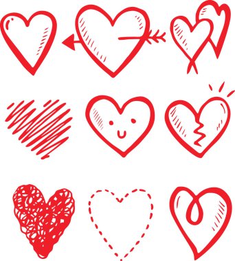 El yapımı kalp seti. Beyaz arka planda izole edilmiş elle çizilmiş kalpler. Grafik tasarımınız için vektör illüstrasyonu