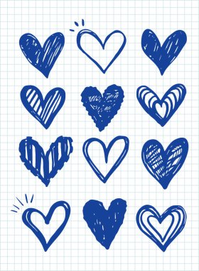 El yapımı kalp seti. Kağıt arka planda izole edilmiş elle çizilmiş kalpler. Grafik tasarımınız için vektör illüstrasyonu