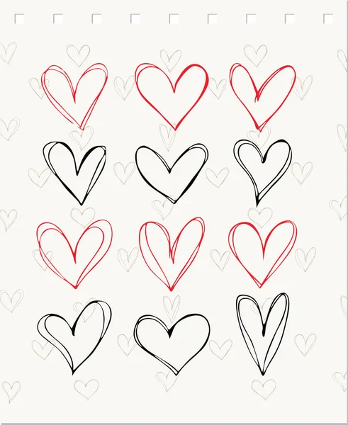 Set Cuore Disegnato Mano Cuori Disegnati Mano Isolati Sfondo Bianco — Vettoriale Stock