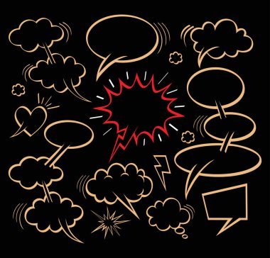 Komik konuşma baloncukları ve elementlerden oluşan el çizimi