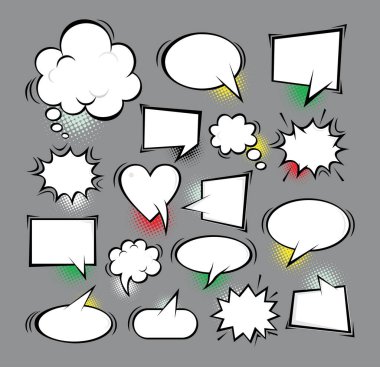 Yarım tonlu gölgeli komik konuşma baloncukları ve elementlerden oluşan el çizimi