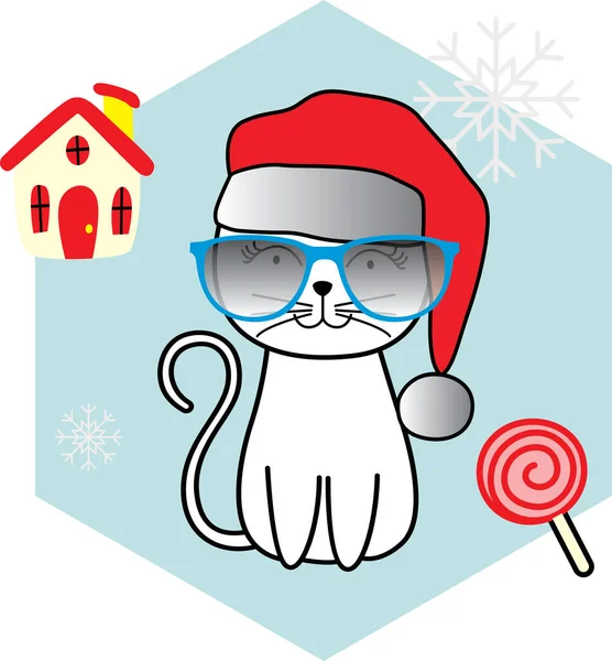 Niedliche Katze Porträt Roten Weihnachtsmannhut Vector Illustration — Stockvektor