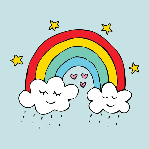 Doodle Arcobaleno Con Nuvole Illustrazione Vettoriale — Vettoriale Stock