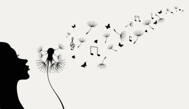 Karahindibaya uçan kız siluetinin vektör çizimi