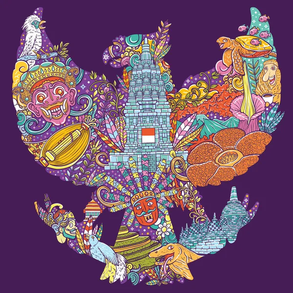 garuda pancasila şekilli endonezya renkli illüstrasyon doodle - Vektör