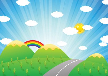 dağlarda güzel bir yaz ormanı sevimli vektör çizim