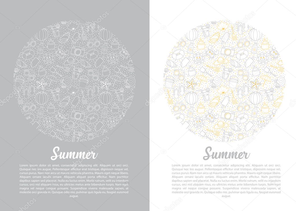 greeting summer set of cute icon on circles with white and grey background