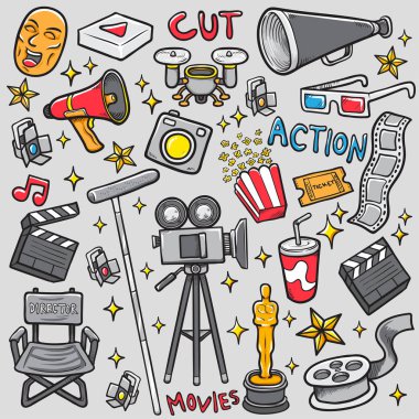 doodle film simgesi stok vektör boyama illüstrasyon ayarlar