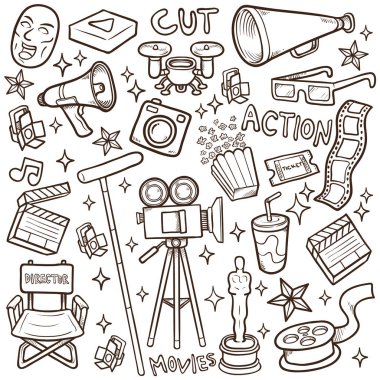 doodle film simgesi stok vektör anahat illüstrasyon ayarlar