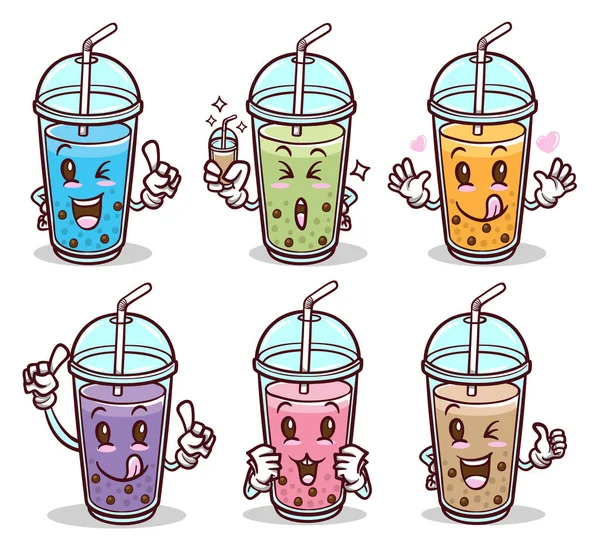 Bubble Tea Drink Cute Emoji Emoticon Sticker Set — Stock Vector