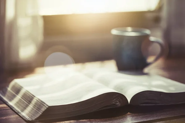 Close Open Bible Cup Coffee Morning Devotion Wooden Table Window — Stock Photo, Image