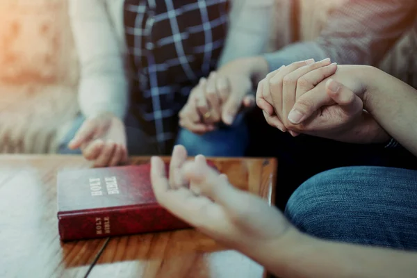 Close People Group Holding Hand Pray Together Blurred Holy Bible — Stock Photo, Image