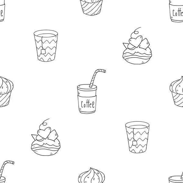 Naadloze Vector Patroon Met Cartoon Drankjes Desserts — Stockvector