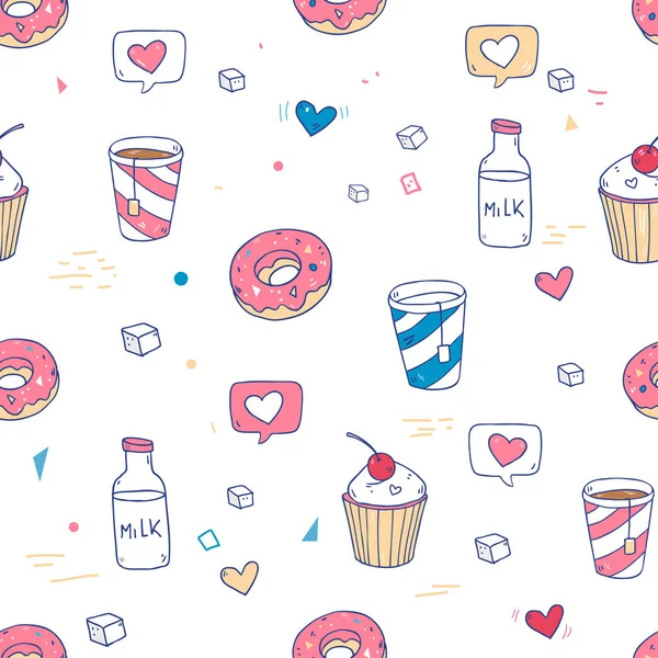 Naadloze Vector Patroon Met Cartoon Drankjes Desserts — Stockvector