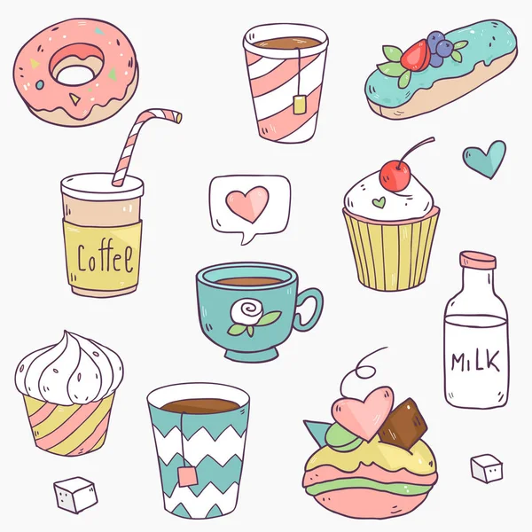 Seamless Vector Pattern Cartoon Drinks Desserts — Stock Vector