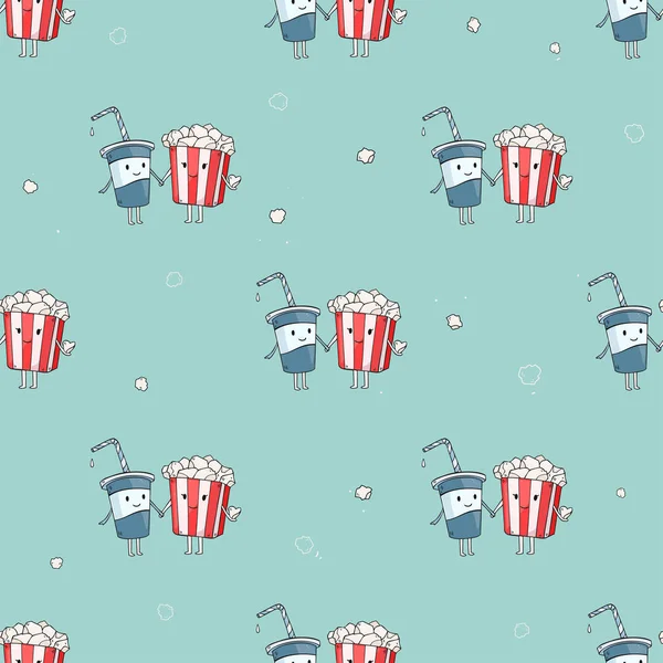 Motif Vectoriel Sans Couture Avec Des Personnages Pop Corn Soda — Image vectorielle