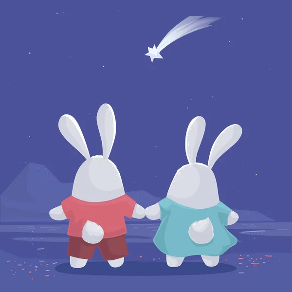 Poster Vettoriale Illustrazione Due Conigli Dei Cartoni Animati Guardando Stella — Vettoriale Stock