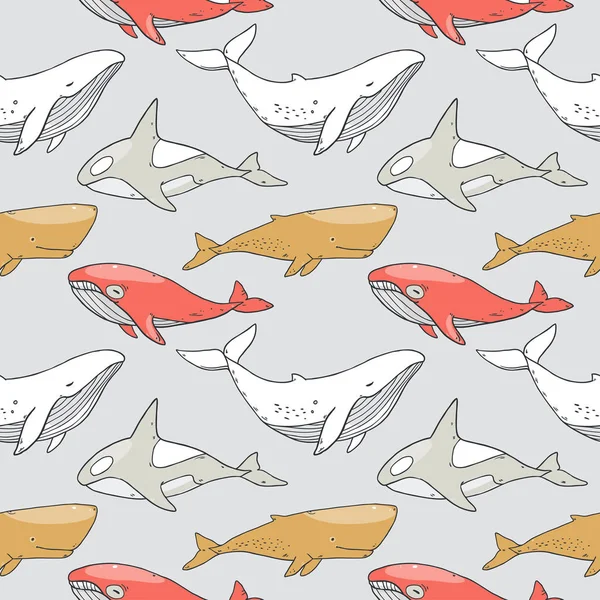 クジラの海洋生物コレクションとのシームレスなパターン — ストックベクタ