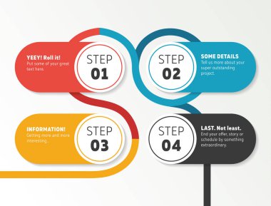 Infographics sayı zaman çizelgesi şablonu. Dört adım ve etrafında renkli çizgi ile geniş panel tasarım. Gösterişli renkler.