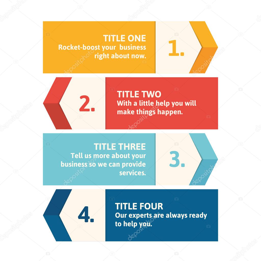 Chevron arrow infographic template. Perfect as a note-box or additional info for your website. Template with four options in solid corporate colors.
