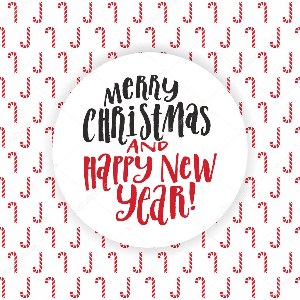 Merry Christmas nad happy new year hand lettering inscription for the winter Holidays. Calligraphic Christmas emblem on a festive seamless pattern background.